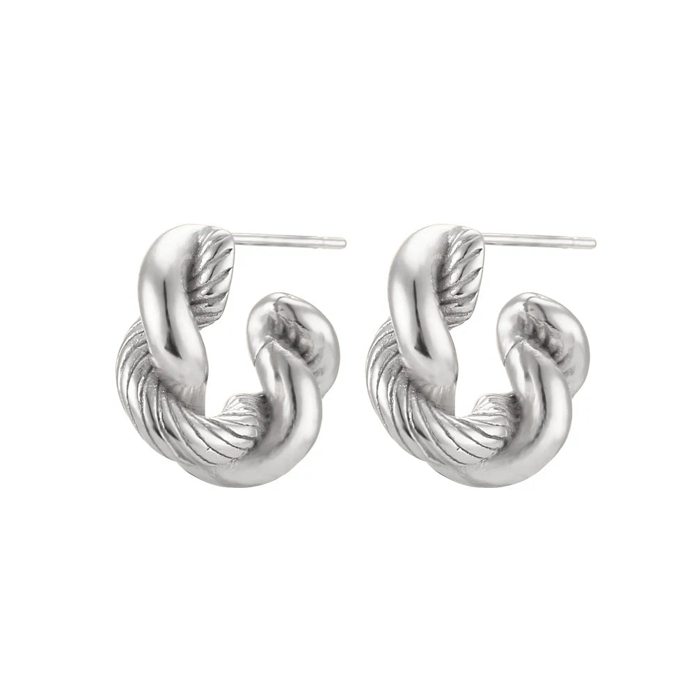 A pair of small, stainless steel twisted hoops earrings.