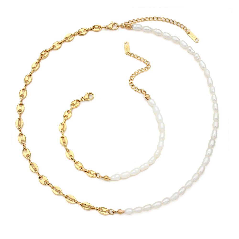 A pearl bracelet and necklace with one half featuring gold-colored beads and the other half in freshwater pearls.