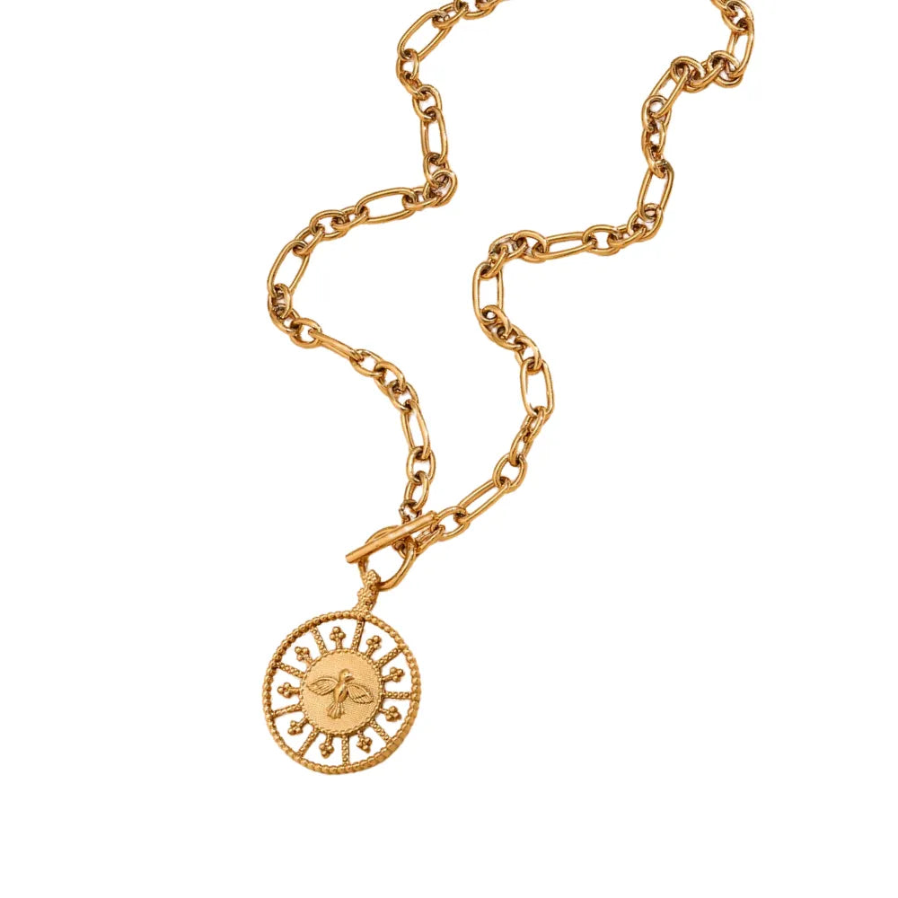A stainless steel gold chunky necklace with a circular pendant featuring an bird design, displayed against a neutral background with a shell to the left.