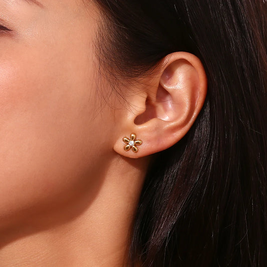 Petite Fleur Stud Earrings on model