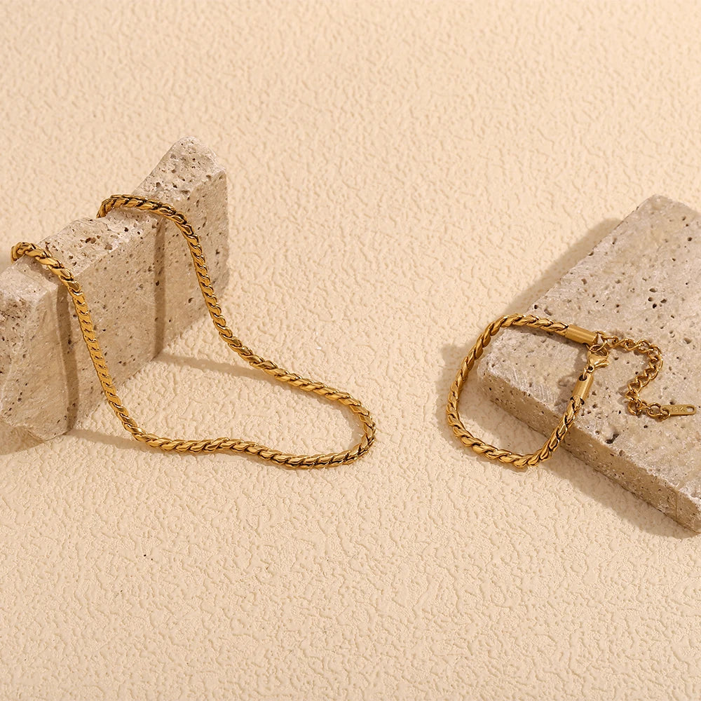 A stainless steel twisted chain necklace and braclet