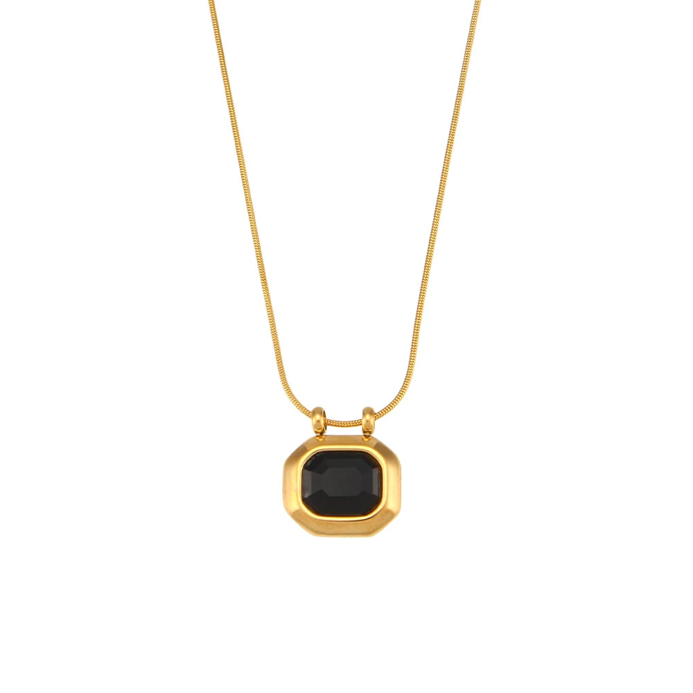 A gold-plated stainless steel necklace with a square-shaped AAA zirconia pendant, displayed against a white background.