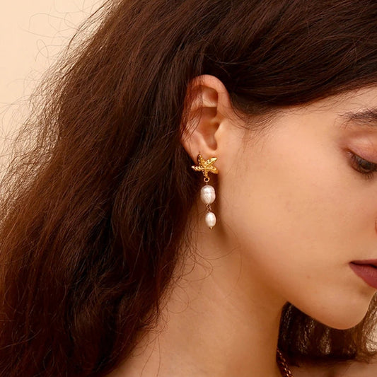 Sea star Earrings with pearls on model