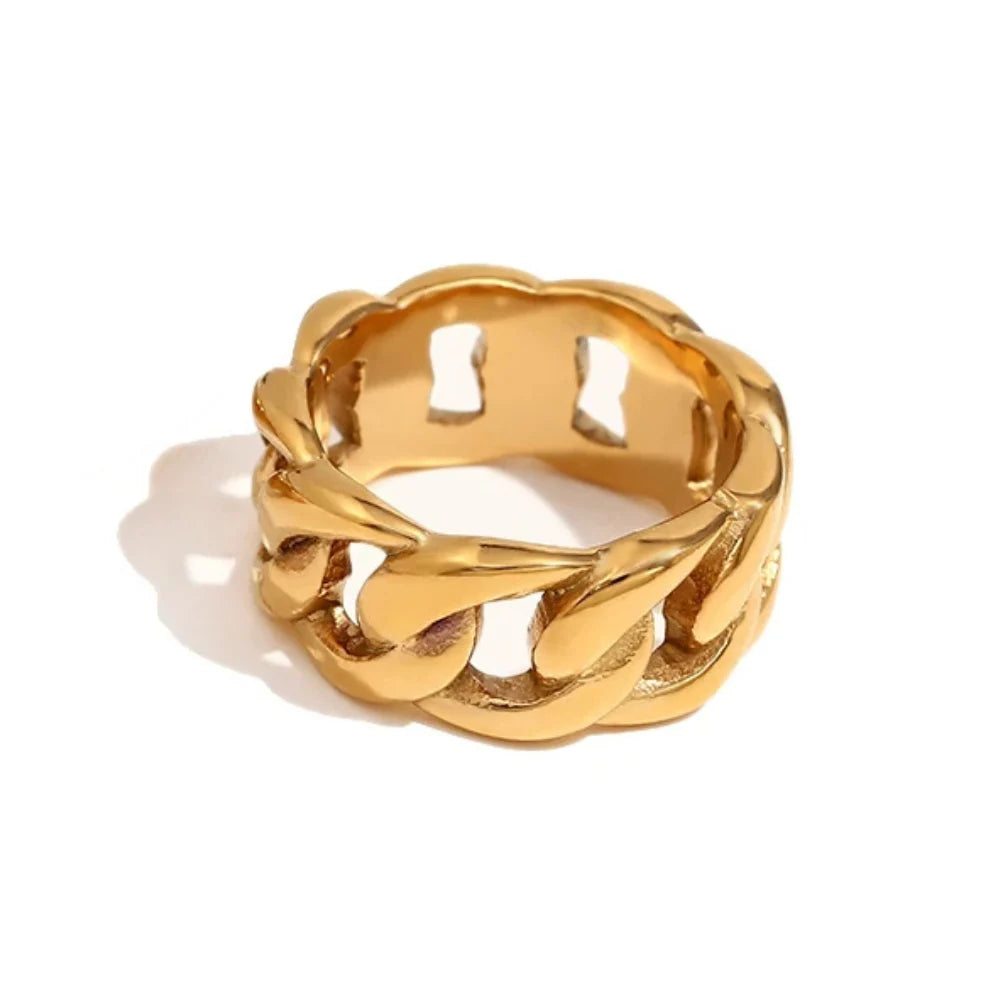 A bold chain ring made of 18K gold plated stainless steel, displayed against a white background