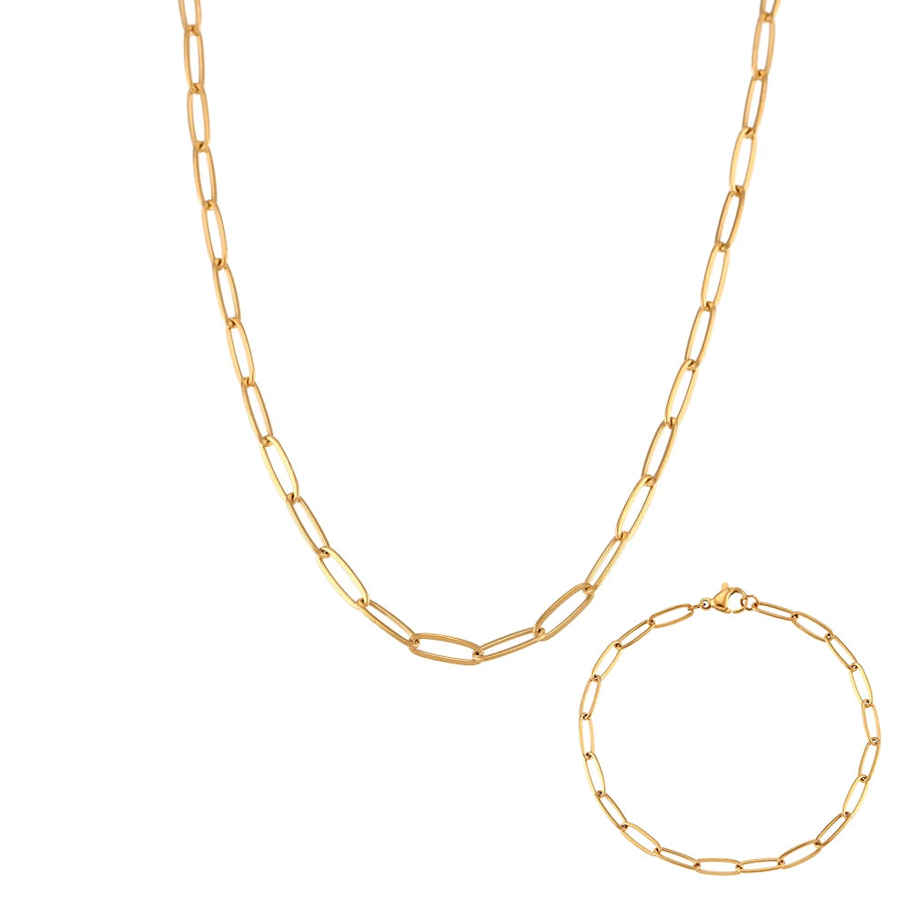Steel paperclip chain necklace and bracelet on a white background