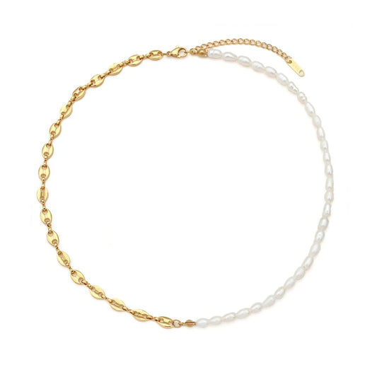 A pearl necklace with one half featuring gold-colored beads and the other half in freshwater pearls.