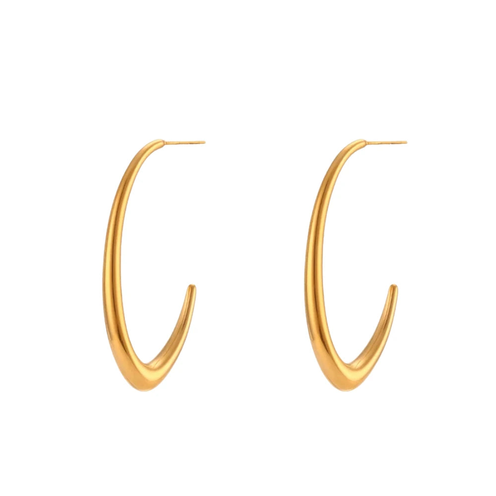 A pair of gold-colored hoop earrings with a smooth finish.