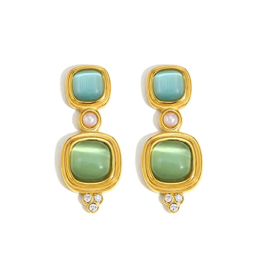 Garden of Eden Earrings with blue and green cat eye gemstones