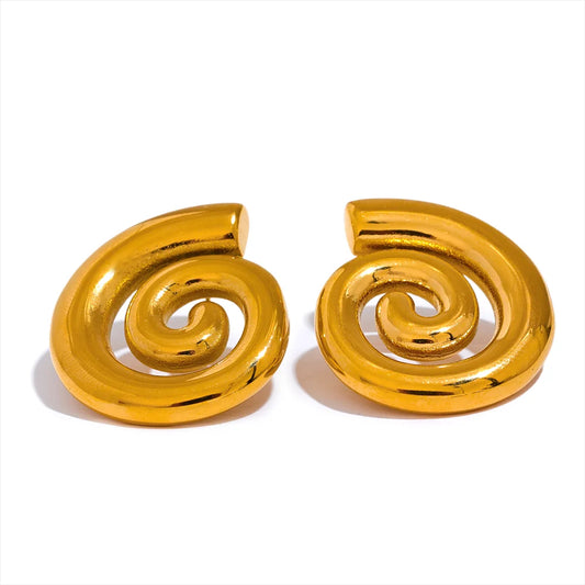 A pair of 18K gold plated stainless steel earrings with a spiral design.