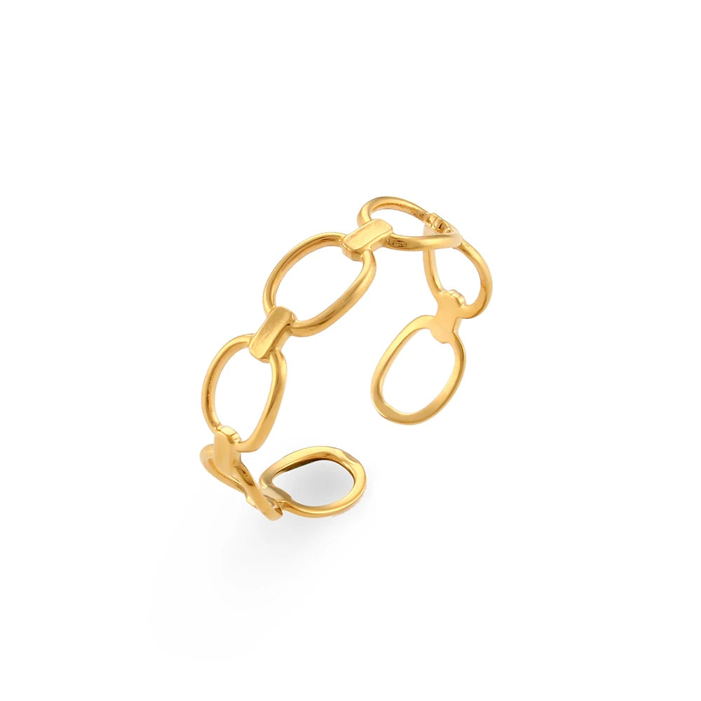 An adjustable gold ring with a minimalist linked design on a white background.