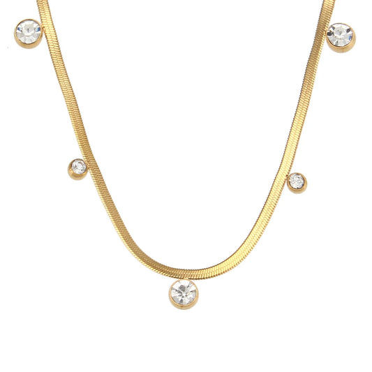 A 18K gold-plated stainless steel necklace with AAA zirconia crystals, featuring a snake chain design.