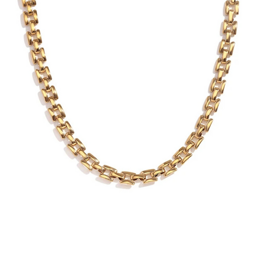 A gold-plated stainless steel necklace with a box chain design, displayed against a white background.