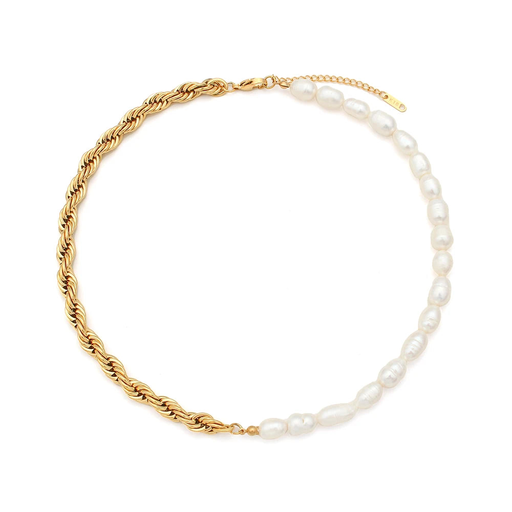 stainless steel Necklace with gold twisted chain and white pearls on a white background