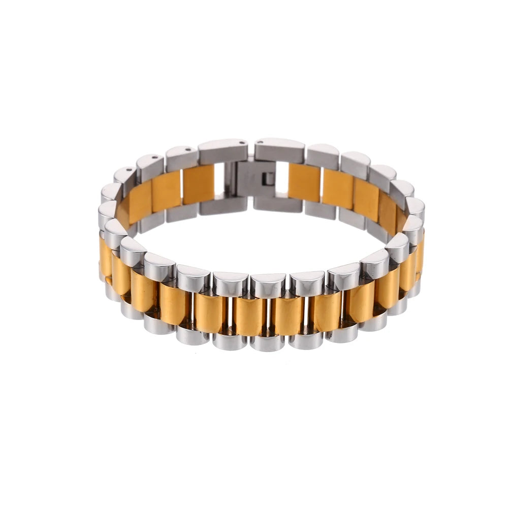 Steel duo tone watch strap bracelet with alternating gold and silver links on a white background