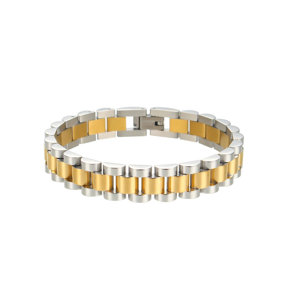 Two-tone silver and gold watch strap bracelet on a white background