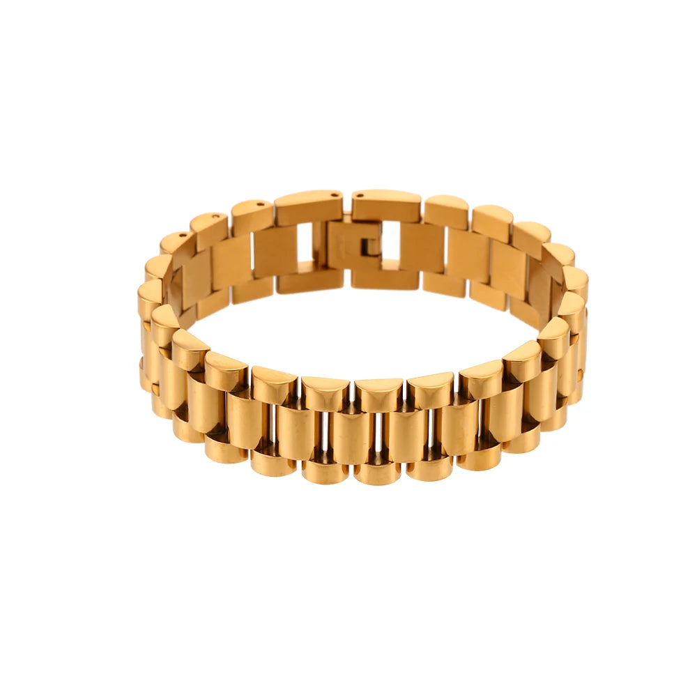 Gold steel link chain bracelet on a white background