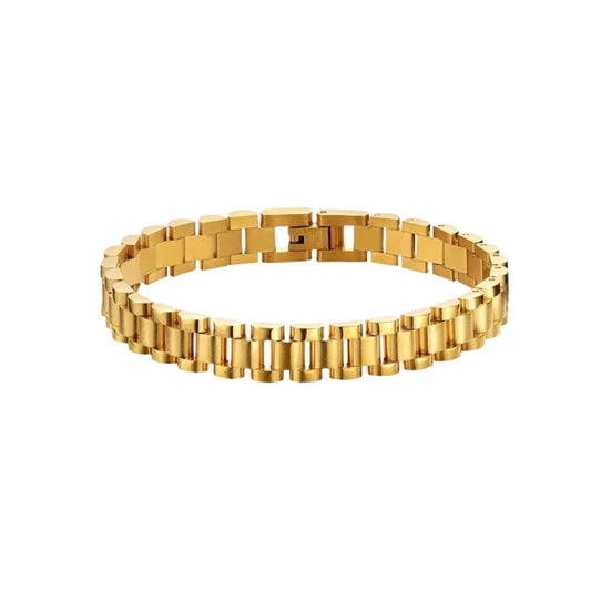Gold stainless steel link bracelet on a white background