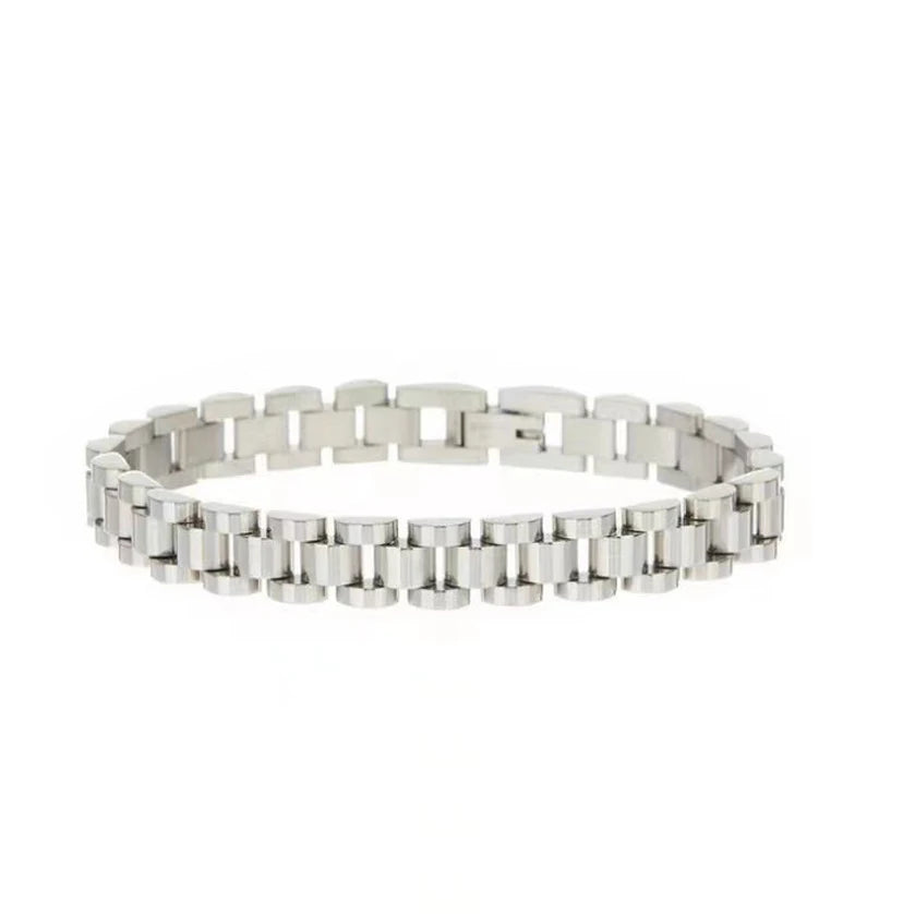 Silver watch strap chain bracelet on a white background