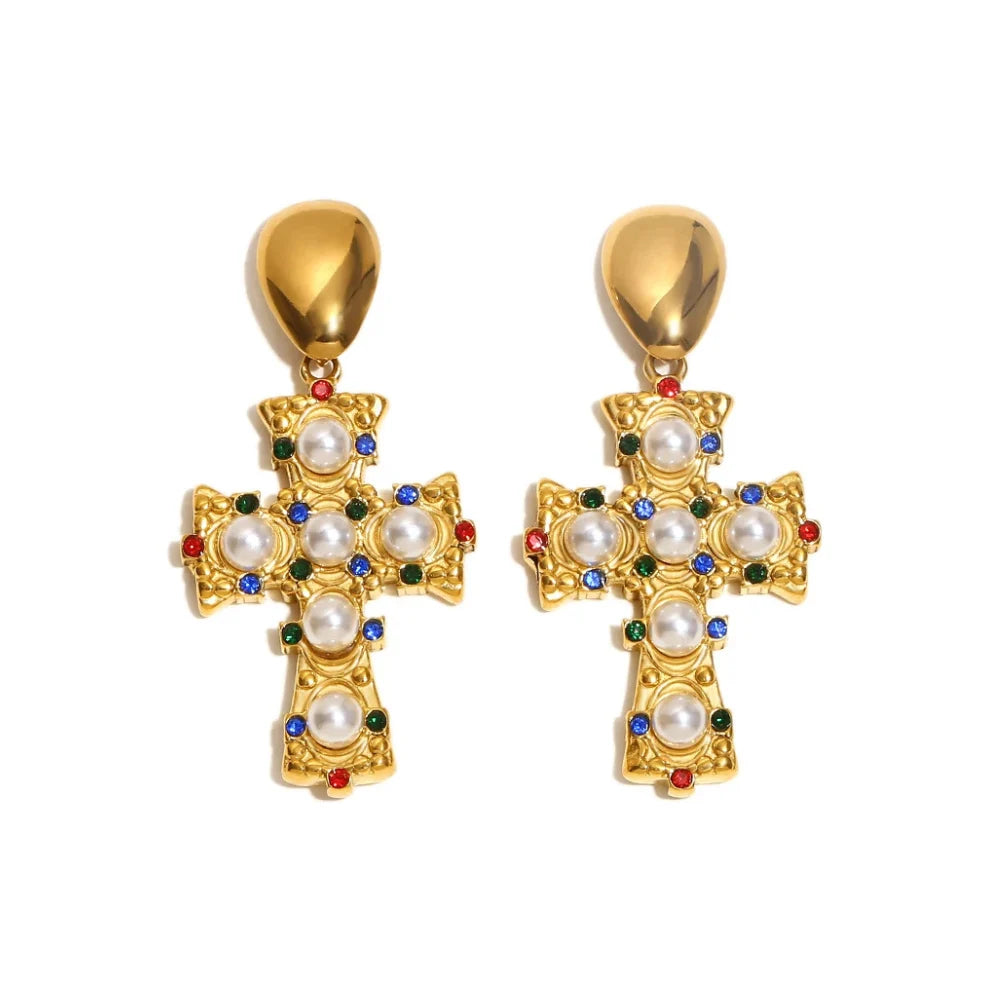 A pair of gold-plated earrings in the shape of a cross, adorned with multicolored zirconia and pearls.