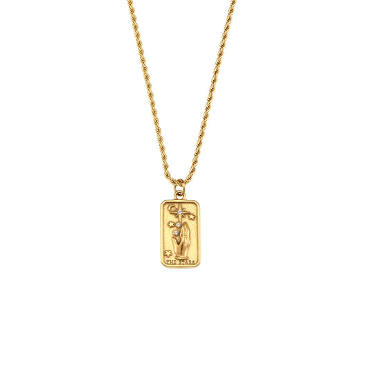 A stainless steel gold necklace featuring a tarot card pendant, displayed on a white background.