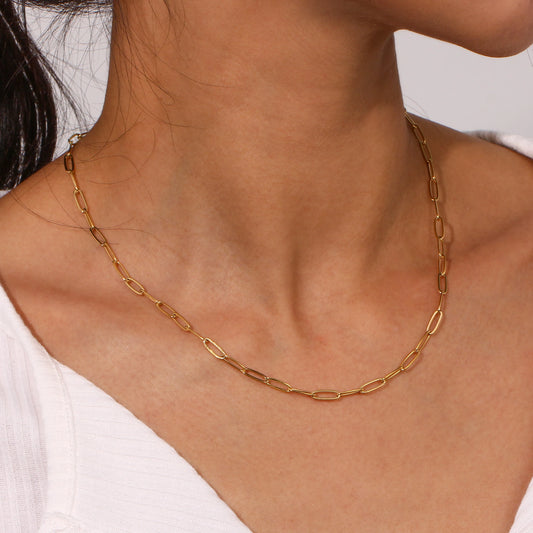 Gold link chain necklace on a person with a white background