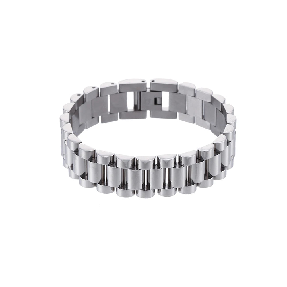 Silver steel watch strap bracelet on a white background