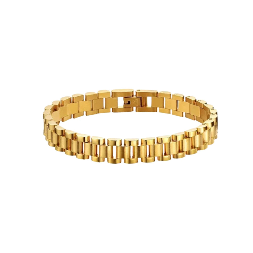 Gold stainless steel link bracelet on a white background