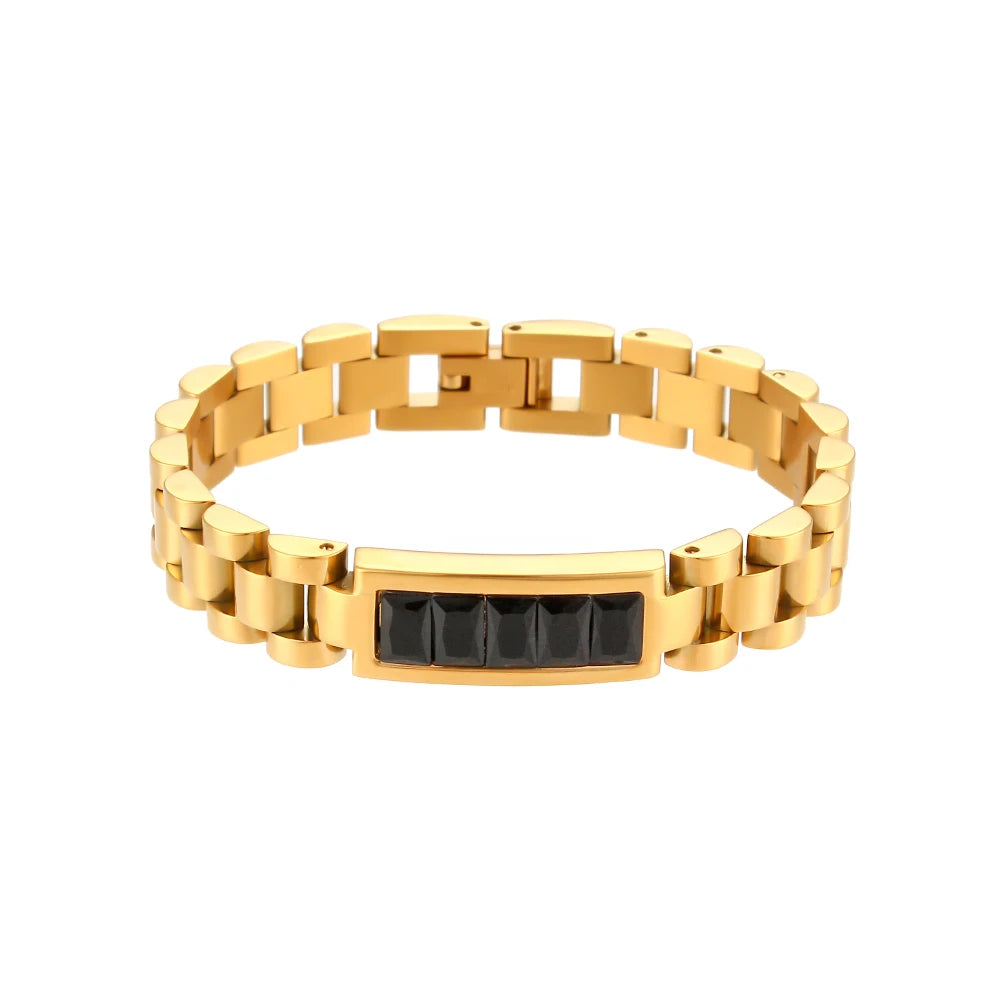 Gold steel link chain bracelet with a black rectangular accent on a white background