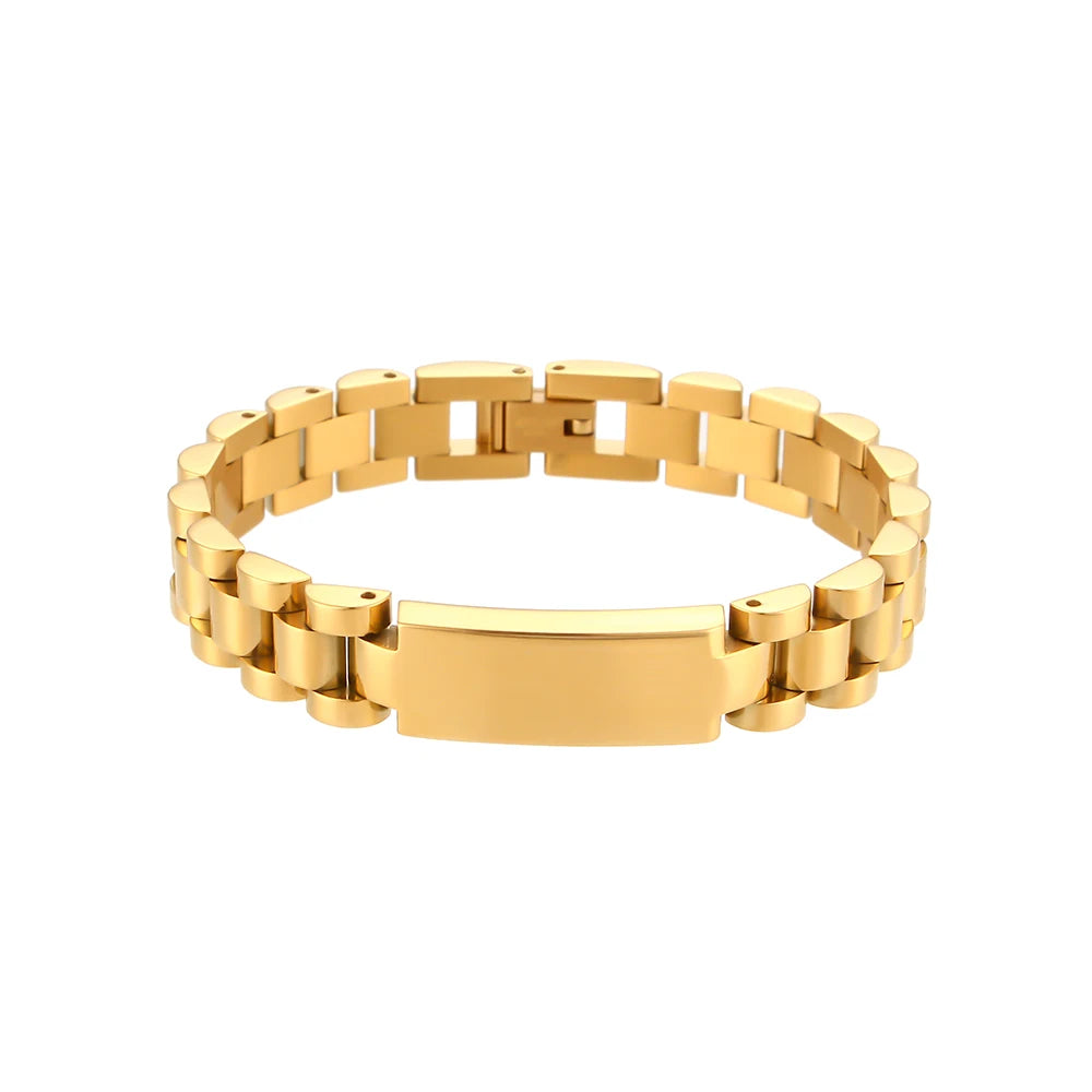 Gold steel chain bracelet with a rectangular tag on a white background