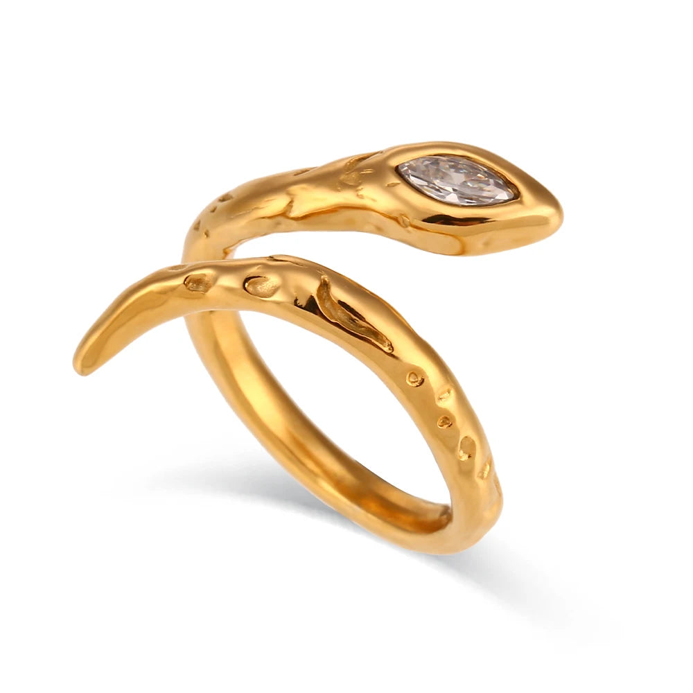 An 18K gold plated stainless steel ring in the shape of a snake with a zirconia crystal on the head.
