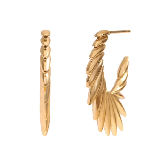 A pair of 18K gold plated stainless steel hoop earrings with a textured and spiky design.
