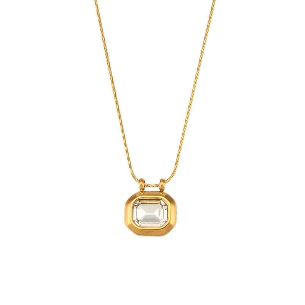 A gold-plated stainless steel necklace with a square-shaped AAA zirconia pendant, displayed against a white background.