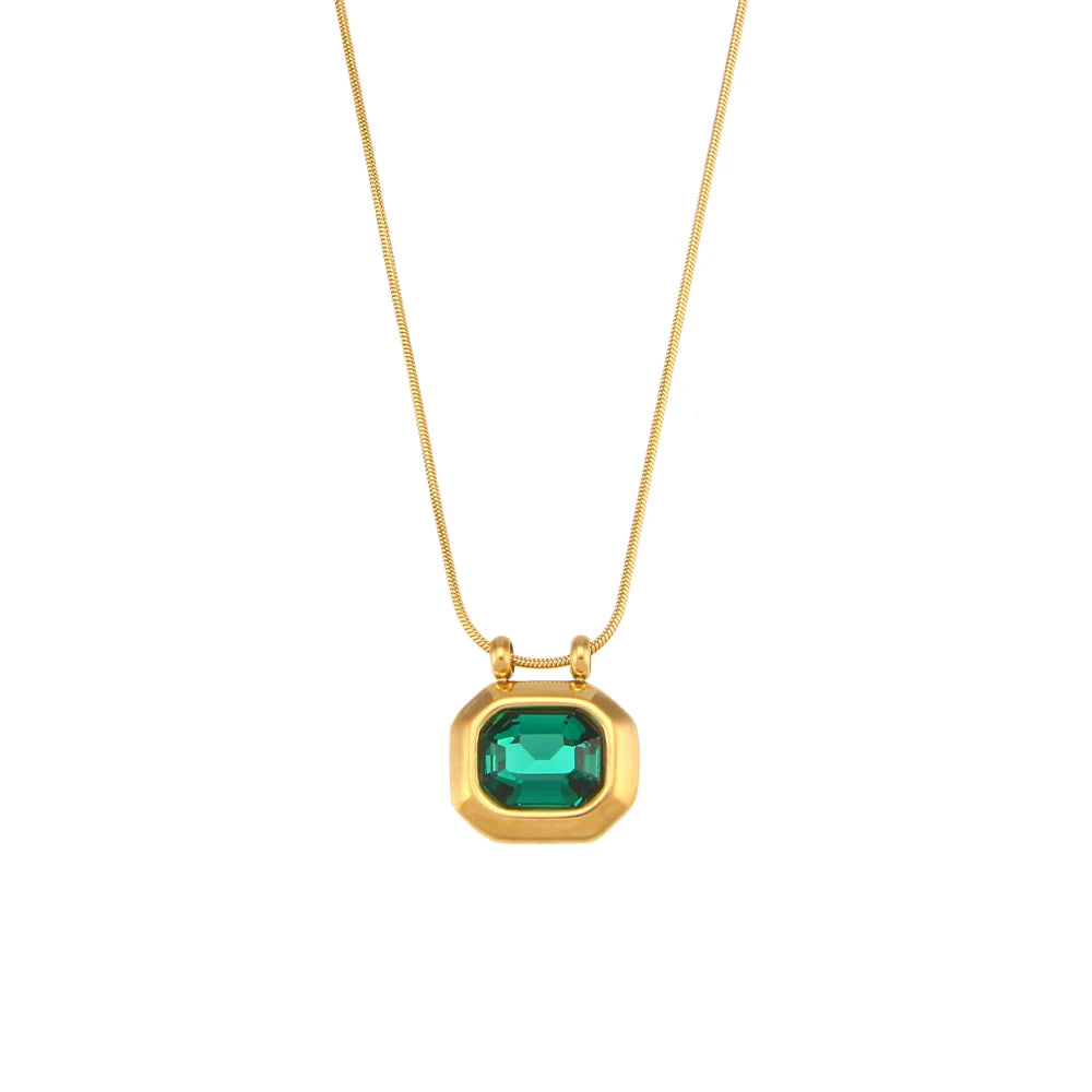 A gold-plated stainless steel necklace with a square-shaped AAA zirconia pendant, displayed against a white background.