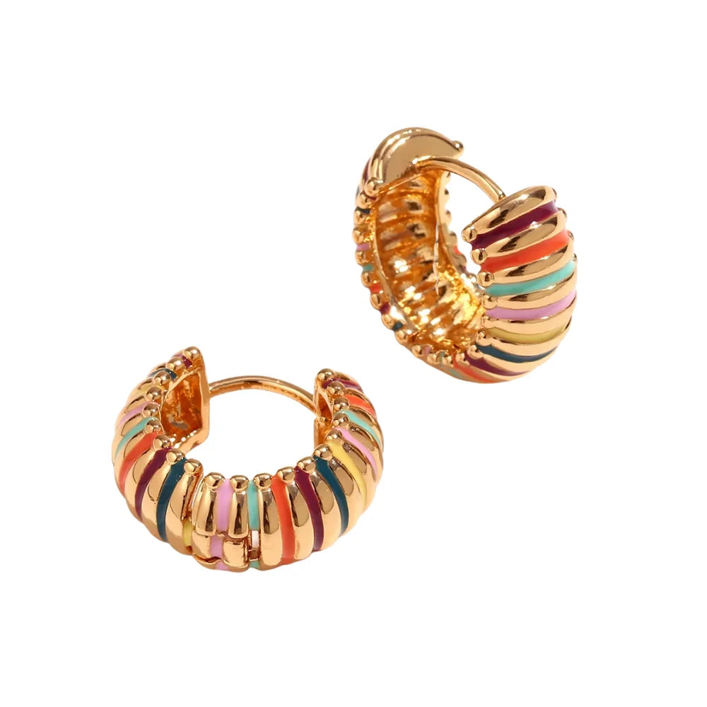 Caterpillar hoops earrings with multicolored stripes on a white background