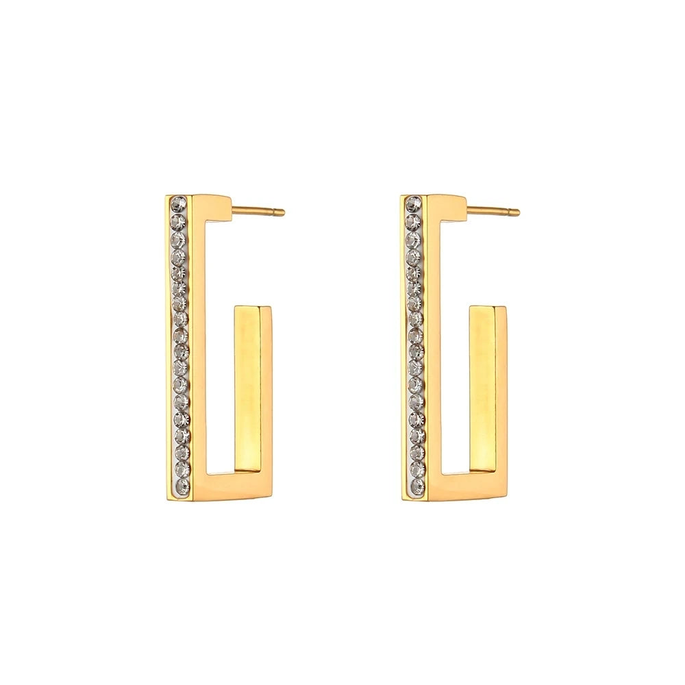 Gold rectangular hoop earrings with embedded stones on a white background