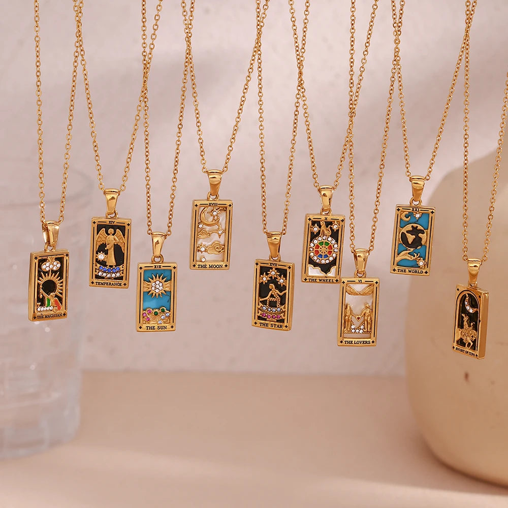The Magician Tarot Necklace hanging on display