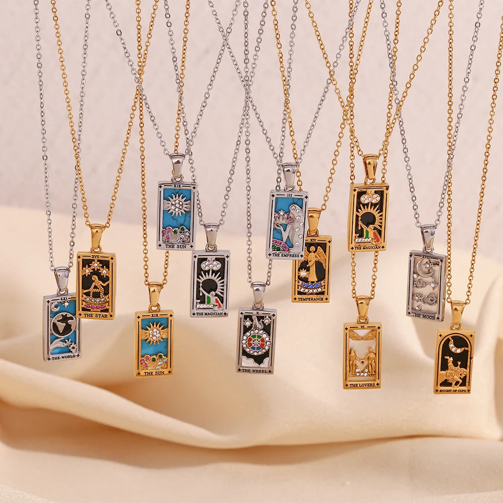The Magician Tarot Necklaces hanging on display