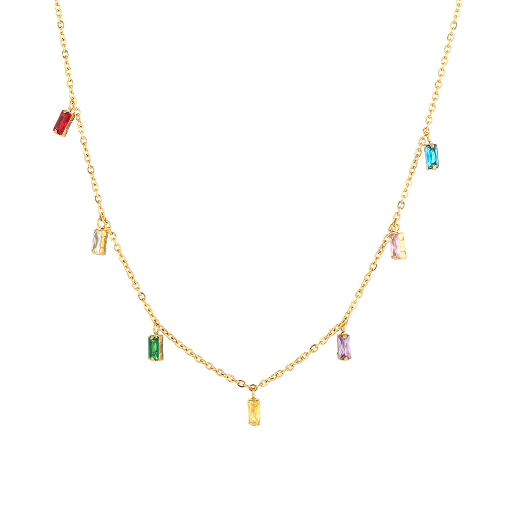 A golden necklace with multicolored zirconia charms attached to a gold chain, presented against a white background.