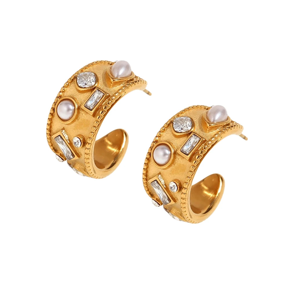 Gold vintage hoops with imitation pearls and clear zirconias