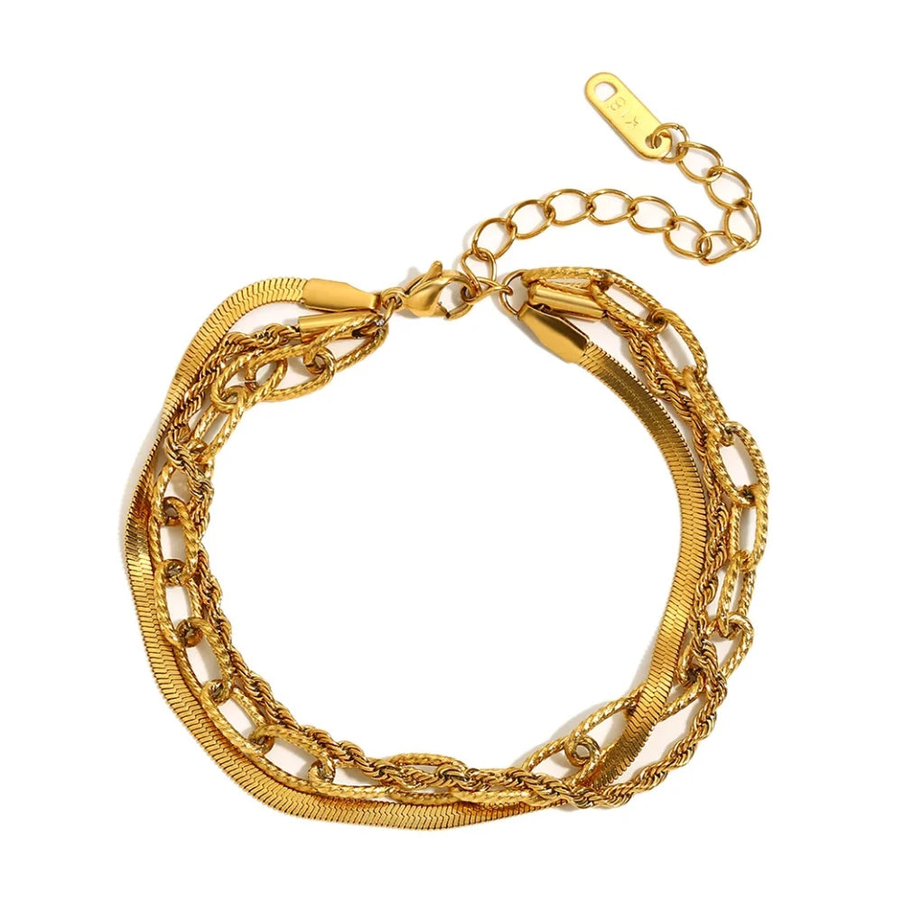 A waterproof bracelet made of three unique gold chains on a white background.