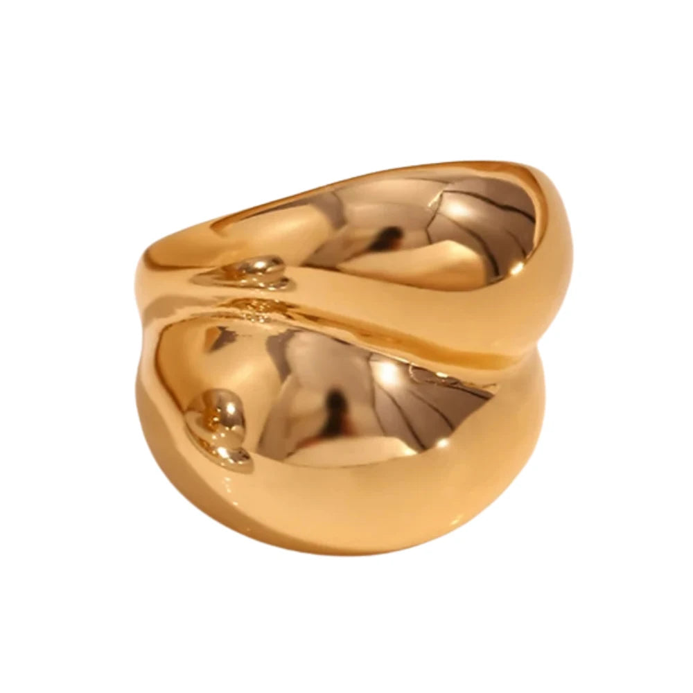 A gold chunky stainless steel ring with a smooth, flowing design, symbolizing strength and connection.